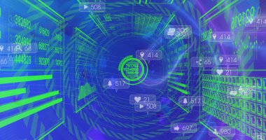 Mavi arkaplandaki tünele karşı veri işleme arayüzü üzerinde sosyal medya simgesi resmi. Sosyal medya ağı ve iş teknolojisi kavramı