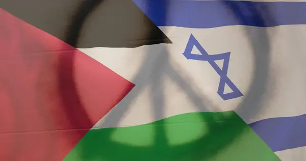 Srail Filistin Bayrakları Üzerinde Barış Işareti Var Filistin Srail Çatışması — Stok fotoğraf