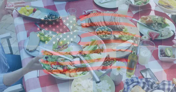 Image Flag Usa Waving Table Full Food American Patriotism Independence — Stock Photo, Image