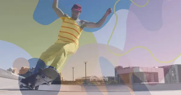 stock image Image of colourful spots over caucasian man skateboarding. global sport and digital interface concept digitally generated image.