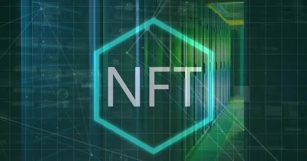 Obrázek Textu Nft Přes Neonový Šestihranný Nápis Síť Připojení Proti — Stock fotografie