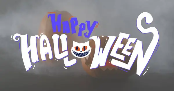 Happy Halloween Tekst Banner Tegen Rook Effect Pompoen Tegen Grijze — Stockfoto