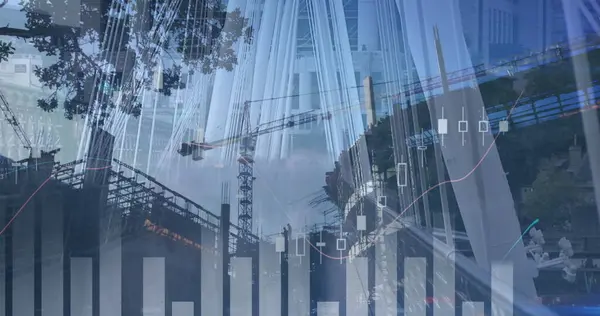 Image of financial data processing over constructions site and busy city. business, digital interface and data processing concept digitally generated image.