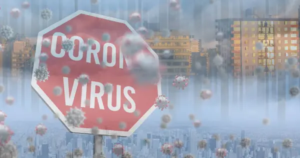 Image of corona virus prohibition sign over cityscape. global health, medicine and economy concept during coronavirus covid 19 pandemic digitally generated image.