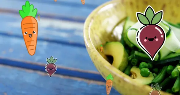Image Carrot Beetroot Icons Falling Bowl Fruit Salad Blue Wooden — Stock Photo, Image