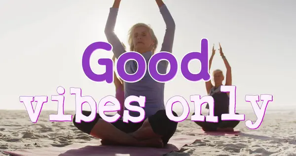 Image Text Good Vibes Only Purple White Women Doing Yoga — Stock Photo, Image