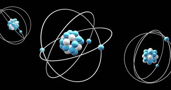Image Modèles Atomiques Tournant Sur Fond Noir Science Globale Recherche — Photo