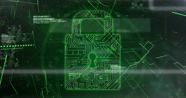 Image of network of envelope icons and online security padlock over computer circuit board. global connections, digital interface and security concept digitally generated image.