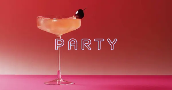Parti Neon Mesajı Pembe Arka Planda Kokteyl Parti Içki Eğlence — Stok fotoğraf