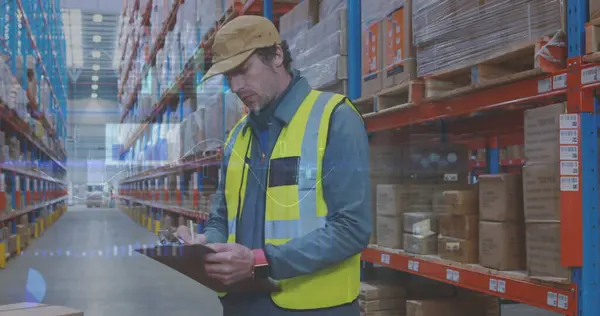 Image Data Processing Man Working Warehouse Global Shipping Delivery Connections — Stock Photo, Image