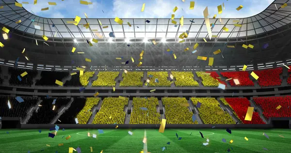 Kuva Kultaisesta Konfetista Jalkapallostadionilla World Cup Jalkapallo Käsite Digitaalisesti Luotu — kuvapankkivalokuva