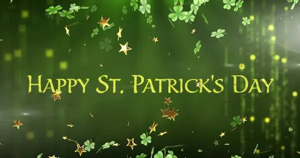 Image Clovers Stars Happy Patricks Day Text Green Background Patricks — Stock Photo, Image