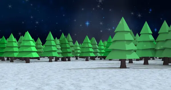 冬日里 雪落在多棵树上 映衬着夜空中闪烁着蓝色光芒的星星 圣诞节的庆祝和庆祝概念 — 图库照片