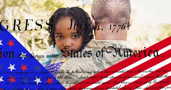 Szöveges Kép Egy Férfi Katonáról Aki Fiát Támadja Patriotizmus Ünneplés — Stock Fotó