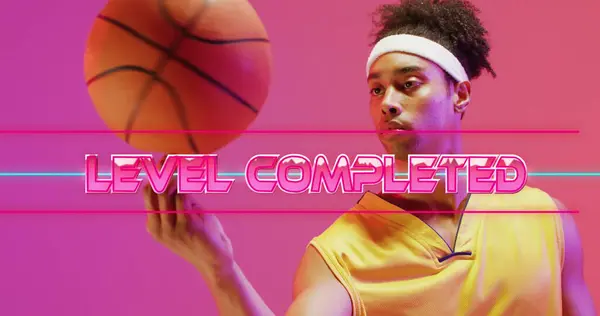 Image Level Completed Text Neon Pattern Biracial Basketball Player Sports — Stock Photo, Image