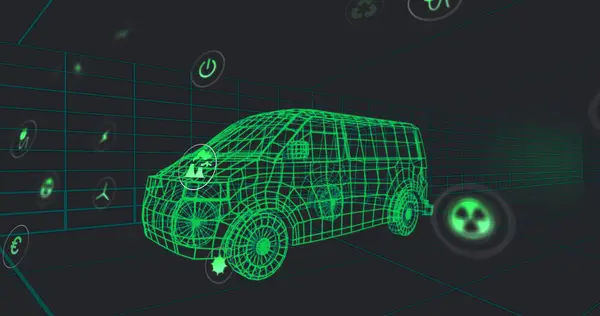 三维面包车模型上的多个数字图标在隧道中以无缝模式移动的图像 汽车工程和可持续能源概念 — 图库照片
