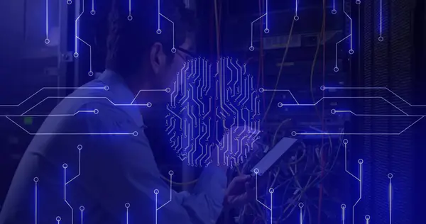 Image Carte Circuit Informatique Cerveau Numérique Sur Homme Asiatique Dans — Photo