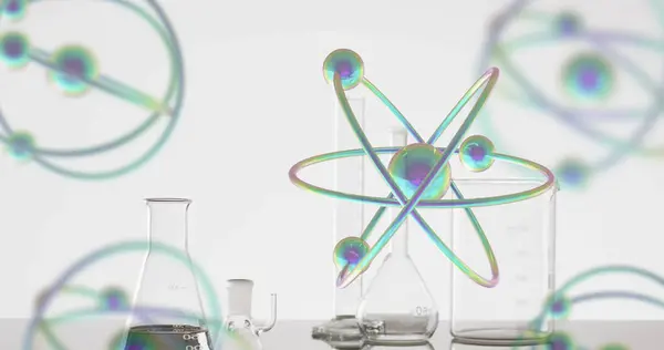 Obraz Atomów Poruszających Się Nad Naczyniami Laboratoryjnymi Białym Tle Koncepcja — Zdjęcie stockowe