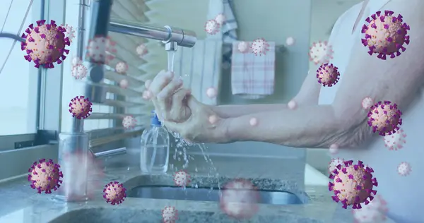 Imagem Células Vívidas Sobre Pessoa Lavar Mãos Imagem De Stock