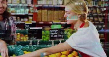 Kafkasyalı tezgahtarların veri işleme çalışmalarının animasyonu. Teknoloji, alışveriş ve dijital arayüz kavramı dijital olarak oluşturulmuş video.