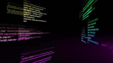 Siyah arkaplan üzerinde veri işleme animasyonu. Teknoloji ve dijital arayüz kavramı dijital olarak oluşturuldu.