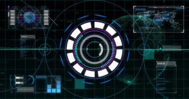 Veri işleme ve dünya haritası üzerindeki taramaların animasyonu. Teknoloji ve dijital arayüz kavramı dijital olarak oluşturuldu.