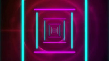 Pembe neon dairelerin üzerindeki dijital tünelin animasyonu. Desen, şekiller ve dijital arayüz konsepti dijital olarak oluşturulmuş video.