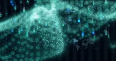 Siyah arkaplan üzerinde ikili kodlama ve dijital veri işleme animasyonu. Dijital olarak oluşturulmuş küresel bağlantılar, hesaplama ve veri işleme kavramı.