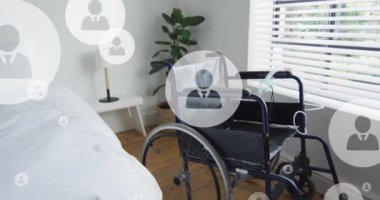 Hastane yatağında tekerlekli sandalyeli kullanıcı simgeleri. Tıp ve dijital arayüz kavramı dijital olarak oluşturulmuş video.