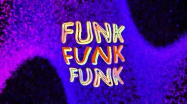 Mor ve mavi parçacık dalgasıyla koyu arkaplanda çarpıtan renkli funk metnin animasyonu. Retro, sosyal ağ, bağlantı, dijital arayüz ve iletişim, dijital olarak oluşturulmuş video.