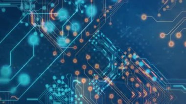 Bilgisayar devre kartından dijital veri işleme animasyonu. Dijital olarak oluşturulmuş küresel bağlantılar, hesaplama ve veri işleme kavramı.