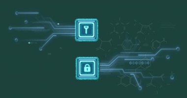 Yeşil zemin üzerindeki kimyasal formülün üzerinde anahtar ve asma kilit simgelerinin animasyonu. Küresel bilim, bilgisayar ve dijital arayüz kavramı dijital olarak oluşturulmuş video.