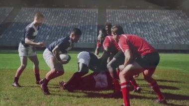 Rusya bayrağının animasyonu, çeşitli erkek ragbi takımlarının maç sırasında sahada mücadele etmesidir. Rusça, milliyet, takım, maç, spor ve yarışma, dijital olarak oluşturulmuş video.