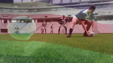 Kafkasyalı ragbi oyuncusu üzerinden Costa Rica bayrağının sahaya çıkıp topu fırlatması. Kosta Rika vatandaşı, milli takım, maç, spor ve yarışma, dijital olarak üretilen video.