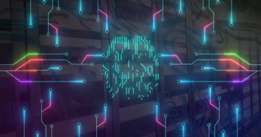 Bilgisayar sunucularında dijital beyin, devre kartı ve veri işleme animasyonu. Dijital olarak oluşturulmuş küresel bağlantılar, hesaplama ve veri işleme kavramı.