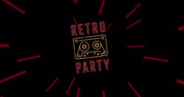 Eski parti metninin ses kaseti ve kırmızı ışıklı siyah üzerine neon kokteyller eşliğinde animasyonu. Retro, davetiye, kutlama, parti, eğlence ve iletişim, dijital olarak oluşturulmuş video.