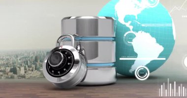 Haritaların asma kilit, sabit disk ve şehir manzarası üzerindeki verileri işleme animasyonu. Bağlantı, güvenlik, iş, dijital arayüz ve küresel iletişim, dijital olarak oluşturulmuş video.