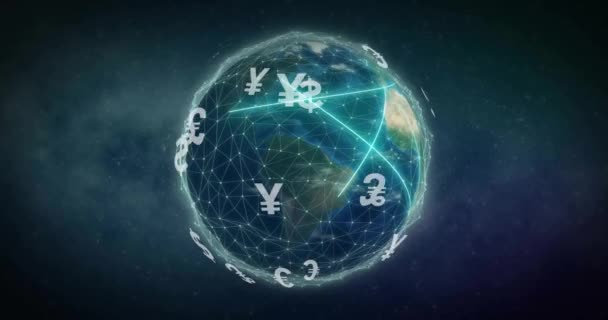 Animation Globe Connections Currency Symbols Spots Black Background Finances Connections — Stock Video