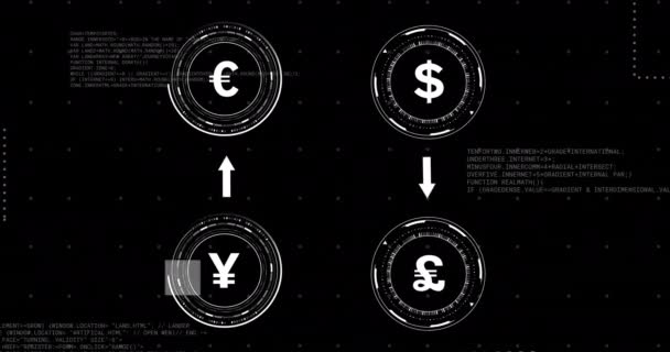 Animace Ikon Měny Zpracováním Dat Černém Pozadí Globální Finance Obchod — Stock video