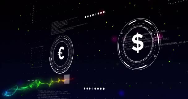 Animatie Van Valutasymbolen Met Gegevensverwerking Lichtvlekken Zwarte Achtergrond Financiering Informatica — Stockvideo