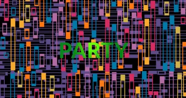 黒い背景にカラフルな形状のパーティーテキストのアニメーション パーティー お祝い 背景コンセプト デジタル生成されたビデオ — ストック動画