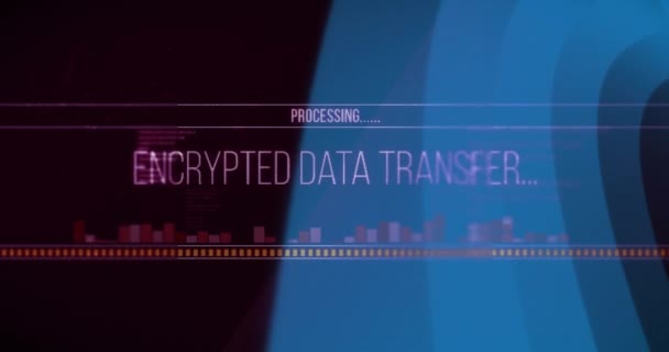 暗号化されたデータ転送テキストを青い曲線上にアニメーションします データ セキュリティ デジタルインターフェース デジタル生成されたビデオ — ストック動画