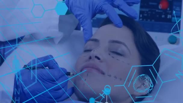 外科医が手術のために患者を事前に準備する上での化学式のアニメーション 医学とデジタルインターフェースのコンセプトデジタル生成ビデオ — ストック動画