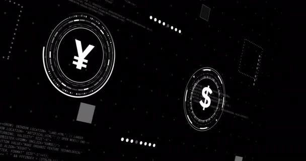 在黑色背景上使用数据处理的货币图标动画 全球金融 计算和数据处理概念 — 图库视频影像