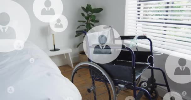 車椅子付きの病院用ベッドの上のユーザーアイコンのアニメーション 医学とデジタルインターフェースのコンセプトデジタル生成ビデオ — ストック動画