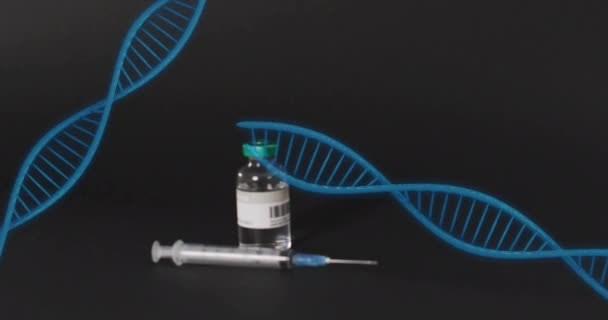 Animazione Fili Dna Blu Siringa Flaconcino Vaccino Fondo Nero Servizi — Video Stock