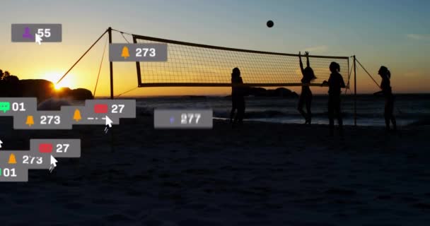 Animation Social Media Notifications Silhouetted Female Volleyball Players Sunset Social — Stock Video