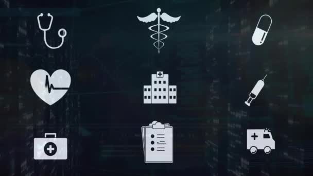 Animation Medizinischer Symbole Und Datenverarbeitung Auf Schwarzem Hintergrund Globale Medizin — Stockvideo