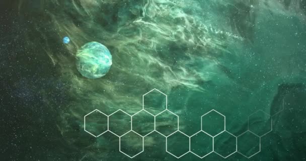 Анімація Гексагонів Над Планетами Небі Зірками Простір Планети Концепція Світла — стокове відео