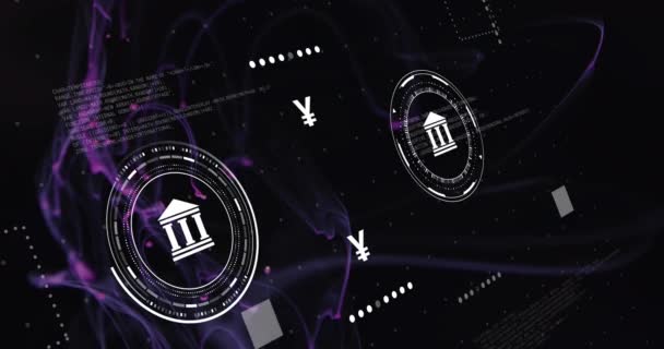 Анимация Иконок Валютных Символов Обработкой Данных Легким Следам Черном Фоне — стоковое видео